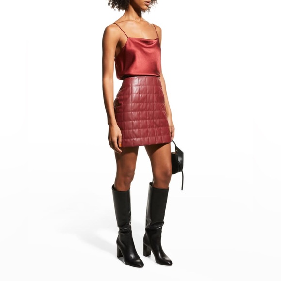 Milly Sonia Quilted Vegan Leather Skirt Burgundy Size